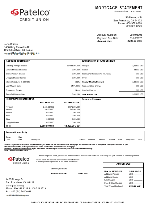 Download USA California Patelco bank  mortgage statement in Word and PDF formats Photoshop template
